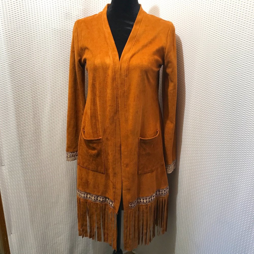 Hendi Faux Suede Leather Cardigan With Fringe Hem Size S/M